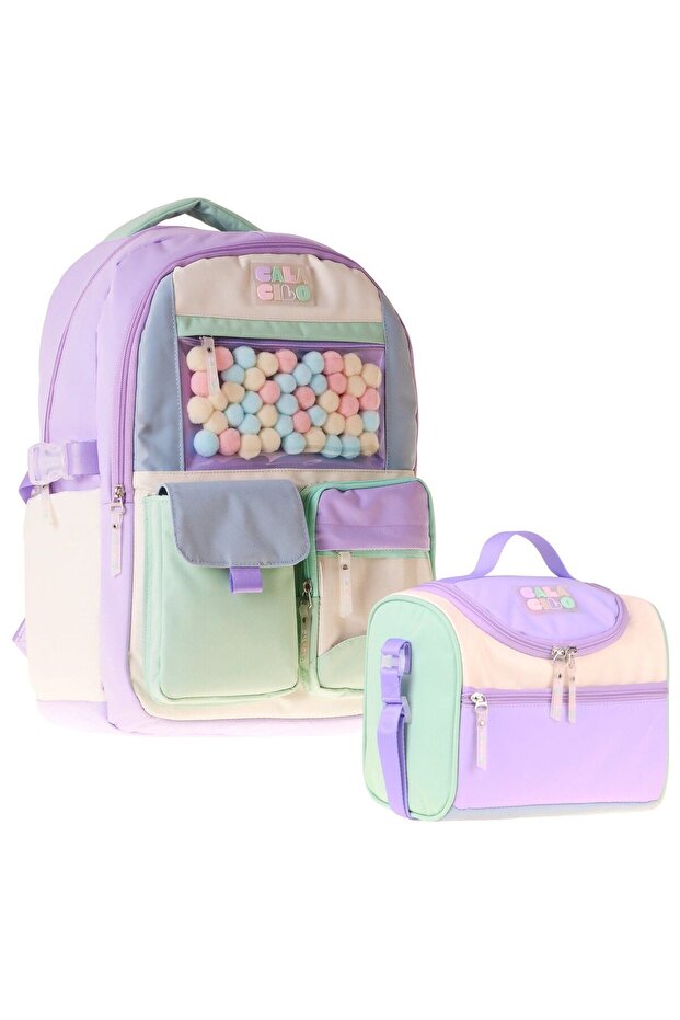 Girl's Primary School Backpack and Lunch Set - Green with Virgo Pompom Accessories - Lilac Setcc-C4092B