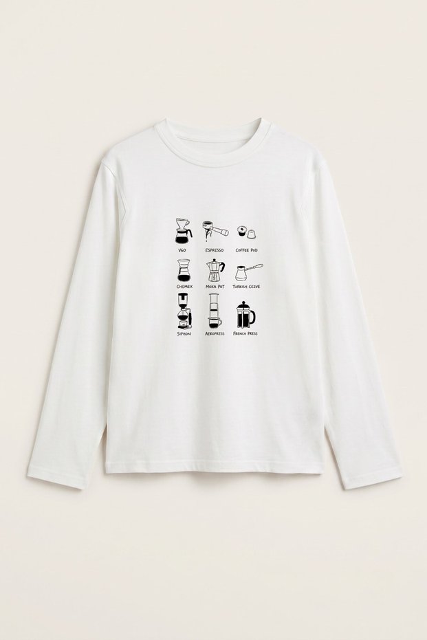 Women's Long Sleeve T-Shirt Brew Atlas Printed White – Stretchy Fabric, Comfortable Fit, Crew Neck