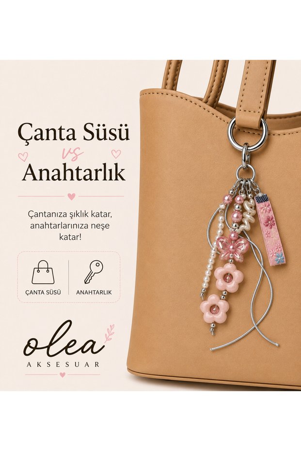 Pink Flower and Butterfly Pearl Beaded Detailed Bag Ornament and Keychain, Phone Charm