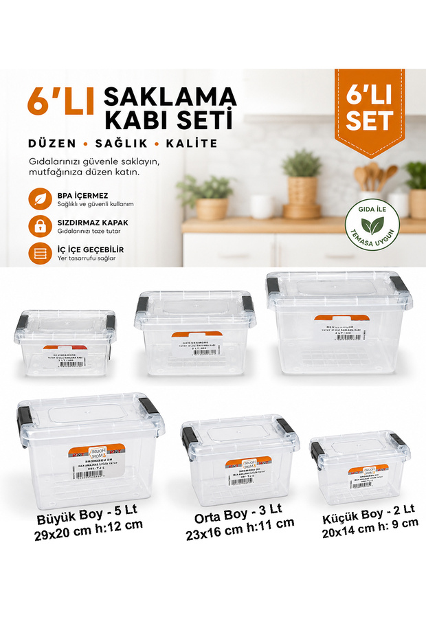 📦 Set of 6 Plastic Lockable Storage Containers in 3 Sizes with Lids, Food Organizer, Transparent Box - 2+3+5 Liters
