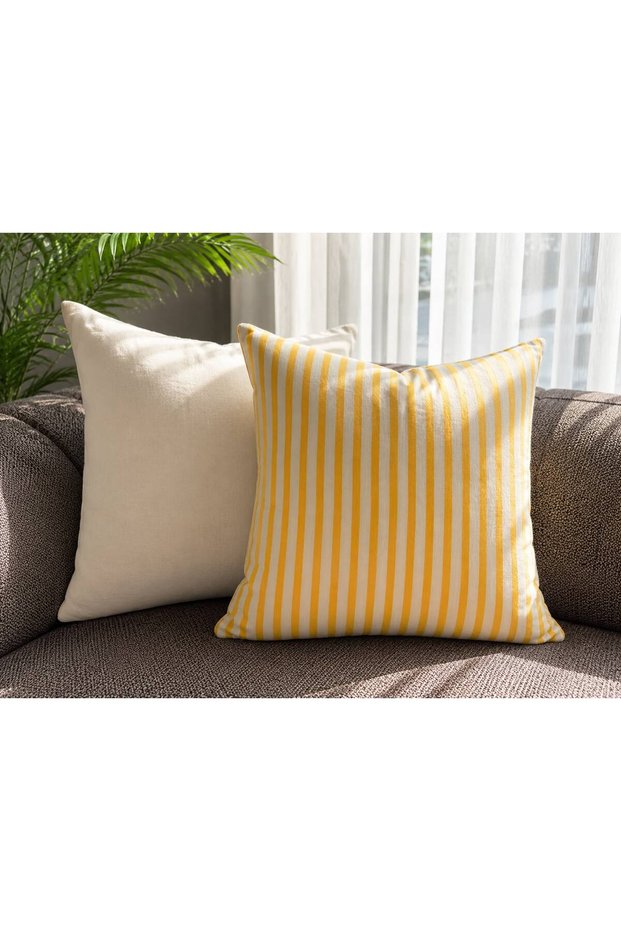 Yellow Striped Bodrum Linen & Ecru Muslin 2-Piece Throw Pillow Cover Set