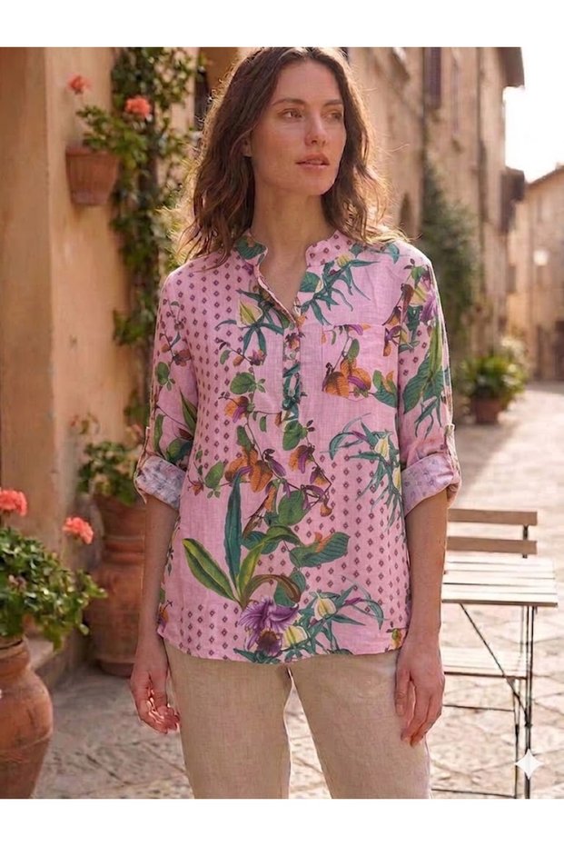 Women's Italian Tile Floral Patterned Button Detailed Folded Orphan Sleeves 100% Cotton Blouse Shirt