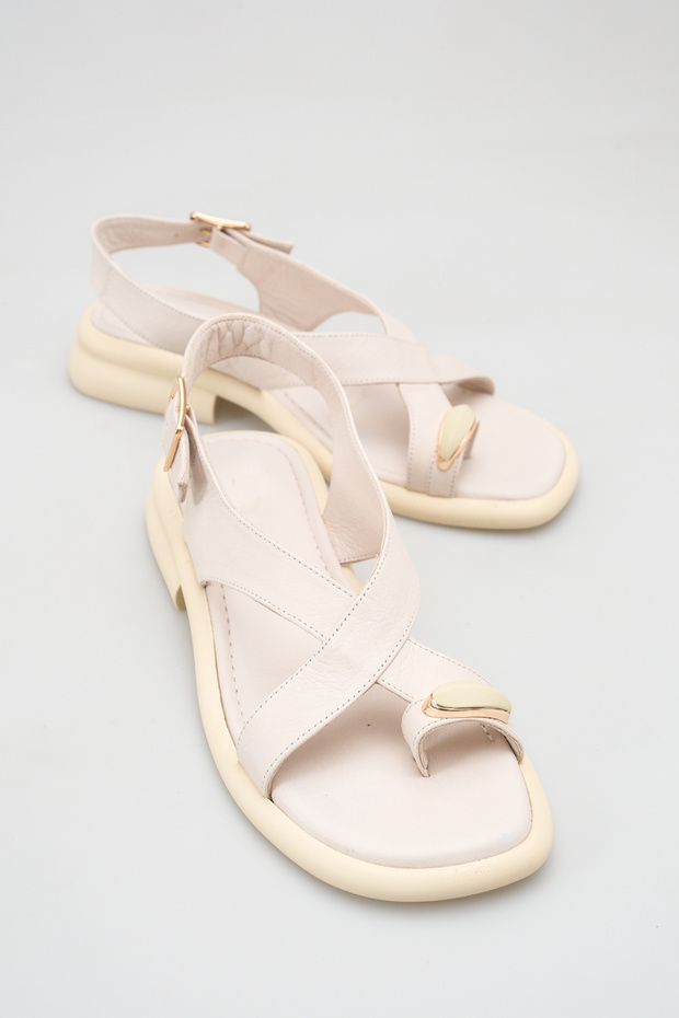 Calivina Ecru Women's Stone Detailed Daily Stylish Comfortable Sole Casual Genuine Leather Flip-Flop Sandals