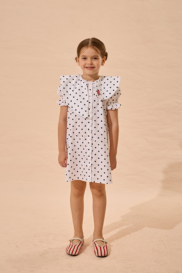 Polka Dot Asymmetrical Apple Embroidered Dress Ecru