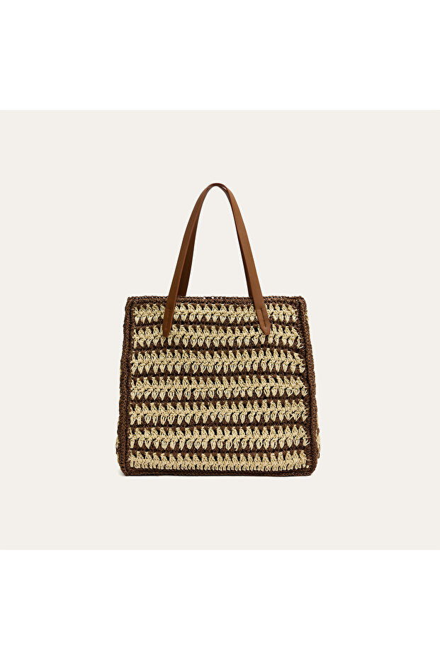 Women's Tan Color Striped Straw Bag