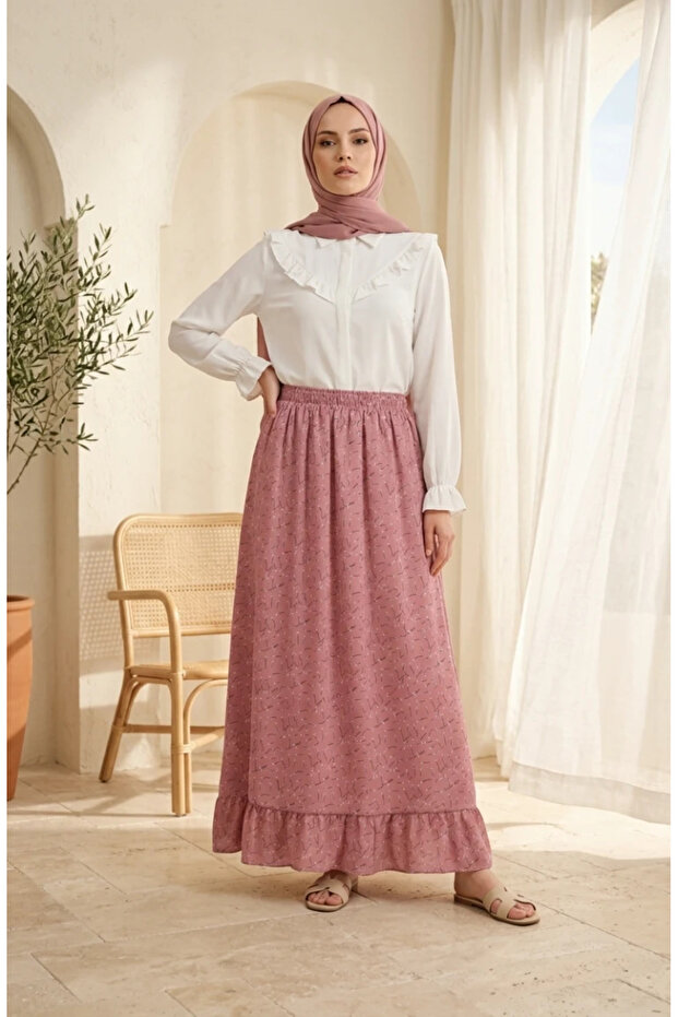 Elastic Waist Floral Patterned Skirt 0315-01 Powder