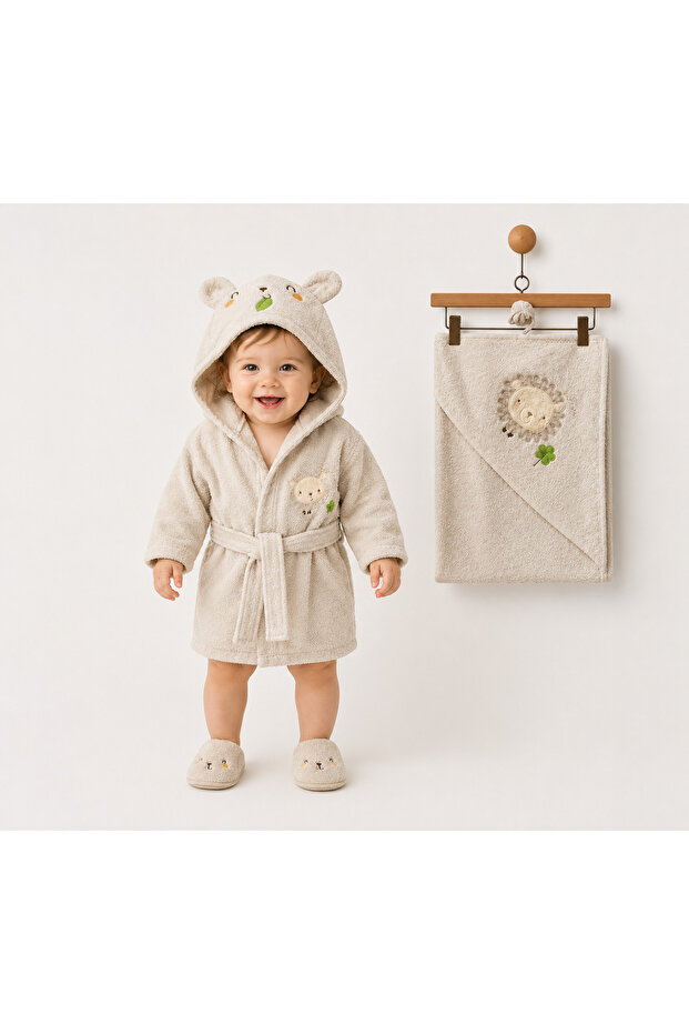 Bebitof Cute Teddy Bear Embroidered Hooded Baby Bathrobe Set