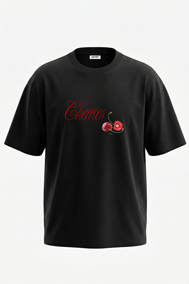 Cherries Design Back Printed Cotton Black Oversize T-Shirt