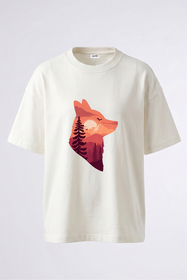 Fox Sunset Design Back Printed Cotton White Oversize T-Shirt