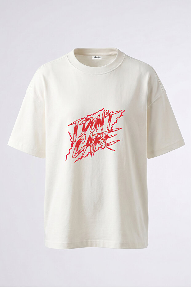 I Dont Care Design Back Printed Cotton White Oversize T-Shirt