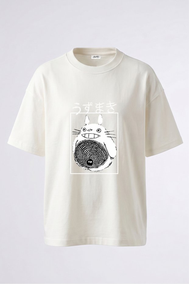 Totoro Uzumaki Design Back Printed Cotton White Oversize T-Shirt