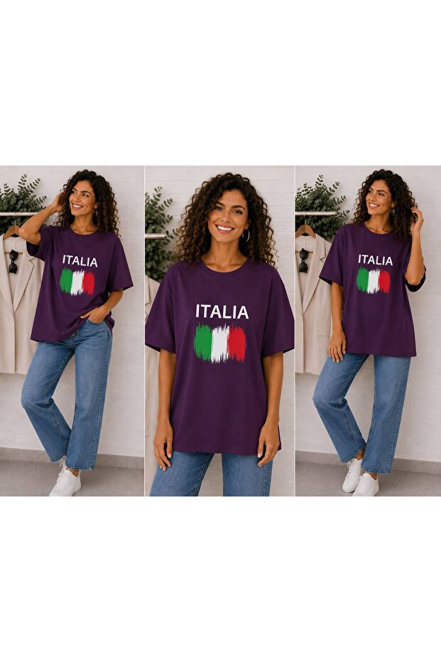 Italia Flag Colors Themed Printed Oversize T-Shirt Unisex Purple Premium Basic T-Shirt