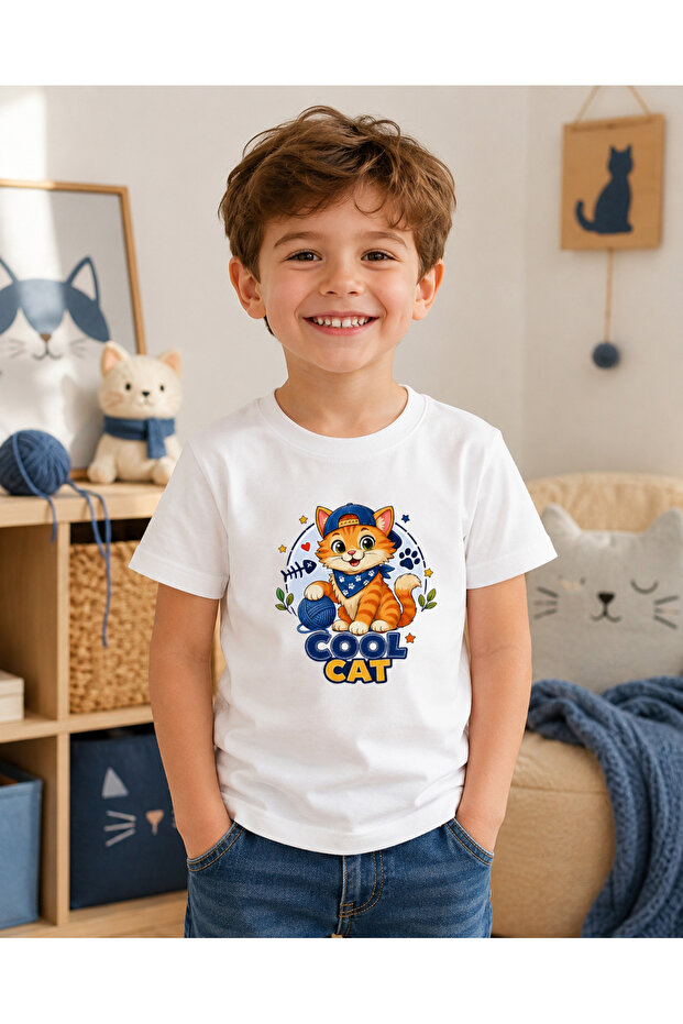 Children's Cute Cat Printed Short Sleeve Crew Neck T-Shirt