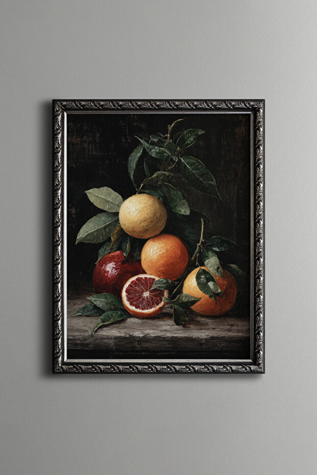 Dark Background Citrus Still Life - Vintage Patterned Frame - Thin Model