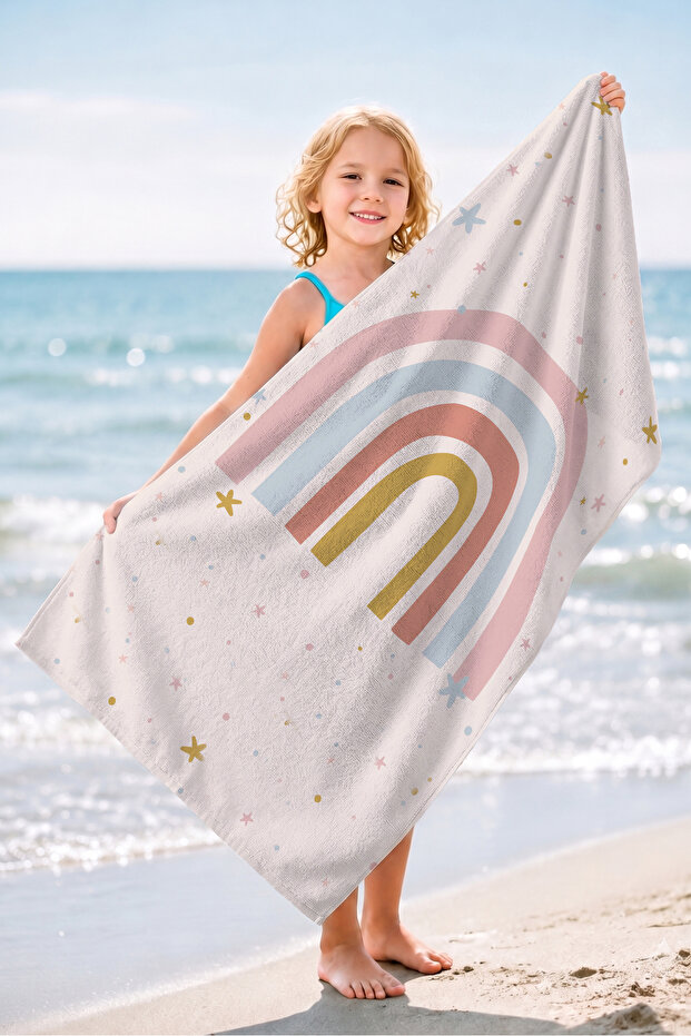 Rainbow Themed Pastel Girl's Beach Towel - Bohemian Pink Blue Quick-Dry Microfiber Towel