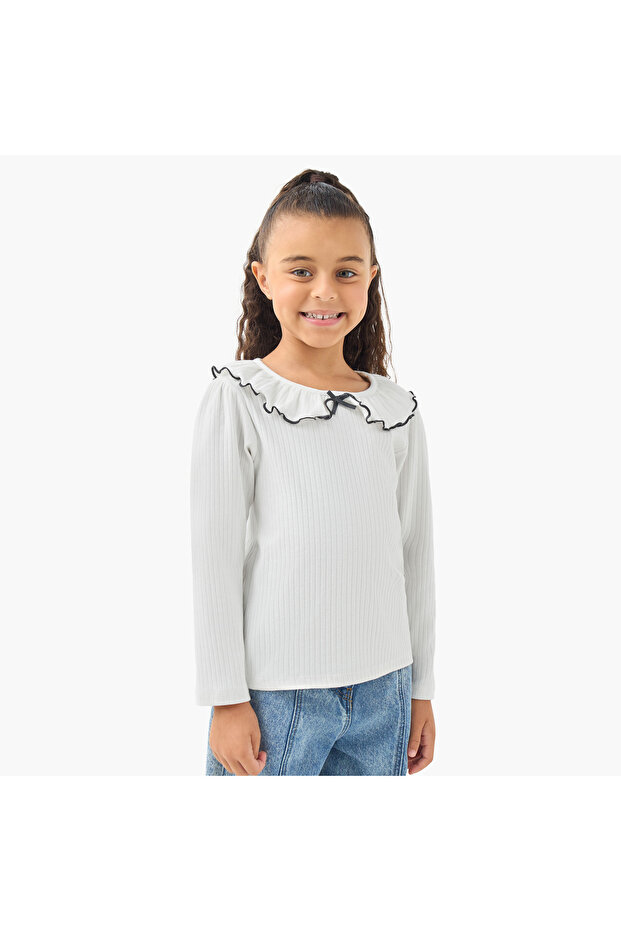 Girls Ruffled Collar T-shirt with Ribbed Texture - Cotton - Long Sleeves