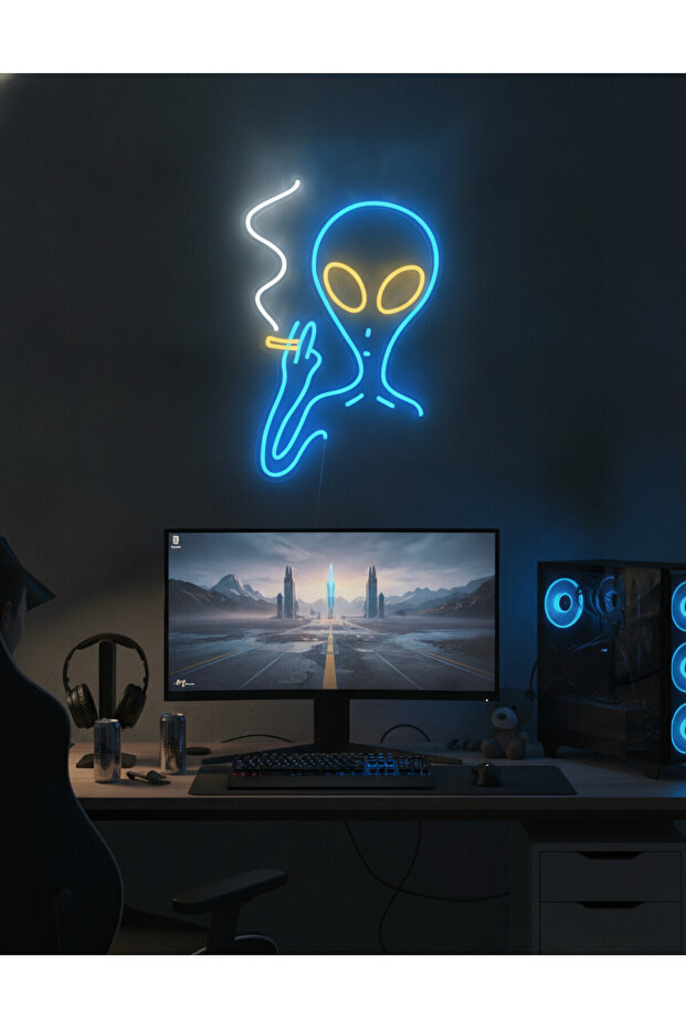 Uzaylı Figürü LED Neon Tablo | Pop Culture Duvar Dekoru | Pleksi Aydınlatmalı Genç Odası Tablosu - 2