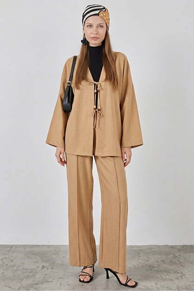 Women's V-Neck Kimono Belted Linen Biscuit Double Set