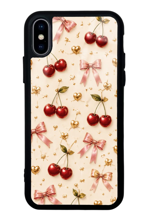 iPhone X - XS Cherry Ribbon Luxury Design Glossy Phone Case