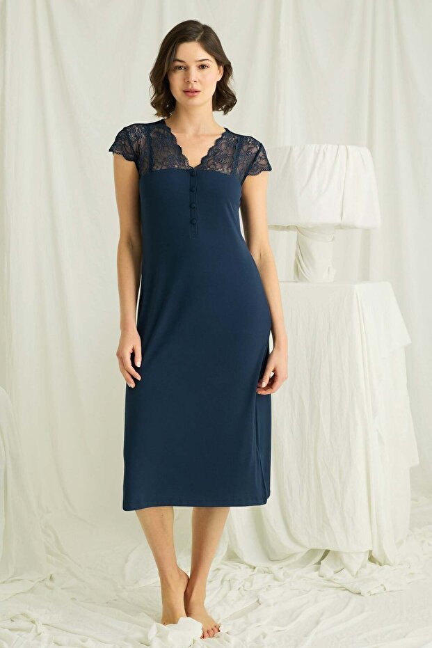 Women's Lace-Trimmed Sleeves, Shoulders and Collar, Button-Front Nightgown 18742