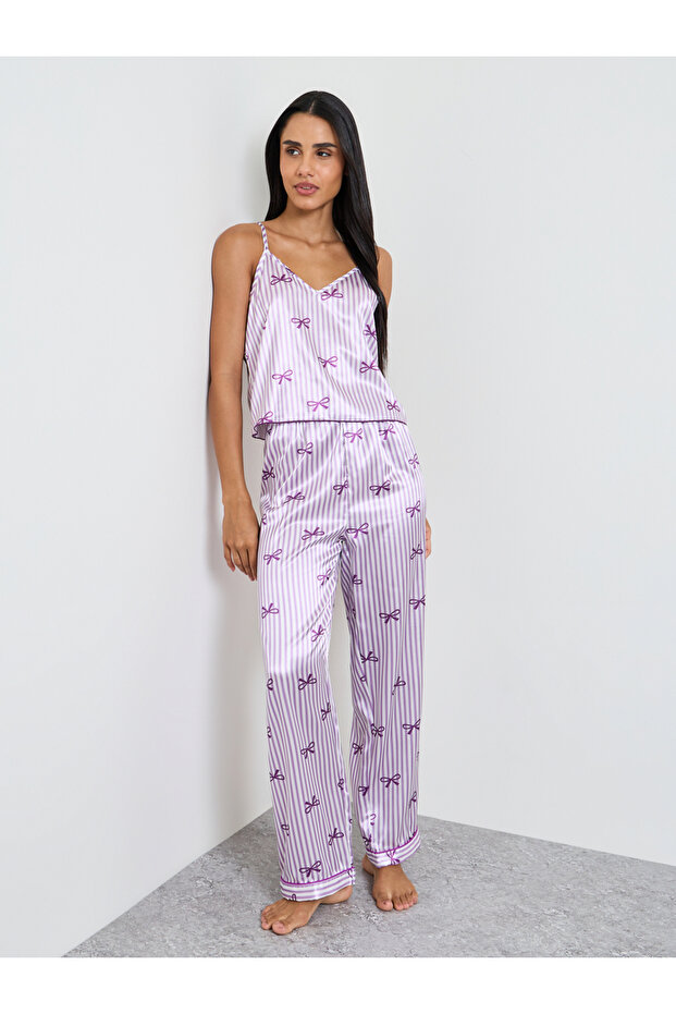 Purple Bow Striped Print Satin Cami and Pyjama Set