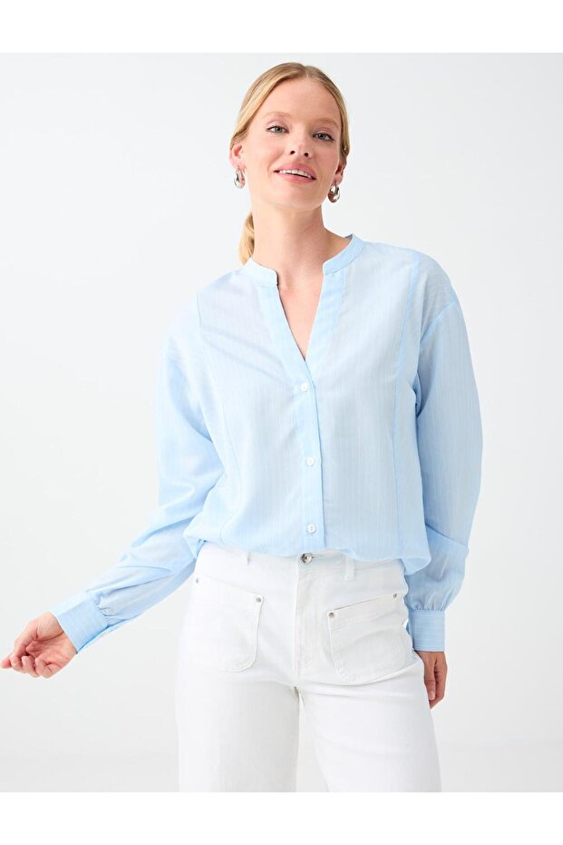 Light Blue Judge Collar Long Sleeve Striped Shirt