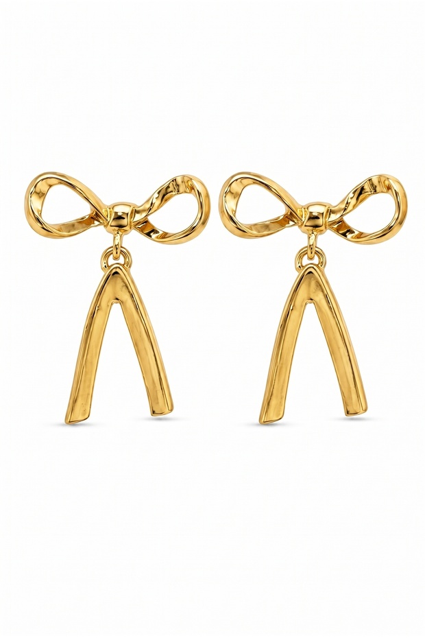 Yellow Gold Bow Detailed Dangle Brass Women's Earrings