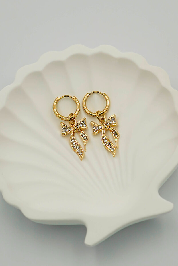Gold Color Dangle Bow Women's Hoop Earrings