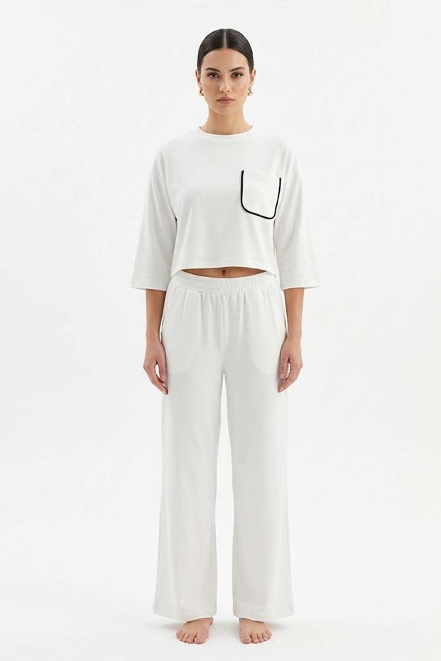 Women's White Relax Fit Lycra Polyviscon Crop T-Shirt and Wide Leg Pants Two-Piece Set