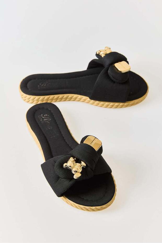 Women's Soft Sole Stylish Slippers with Accessories Black