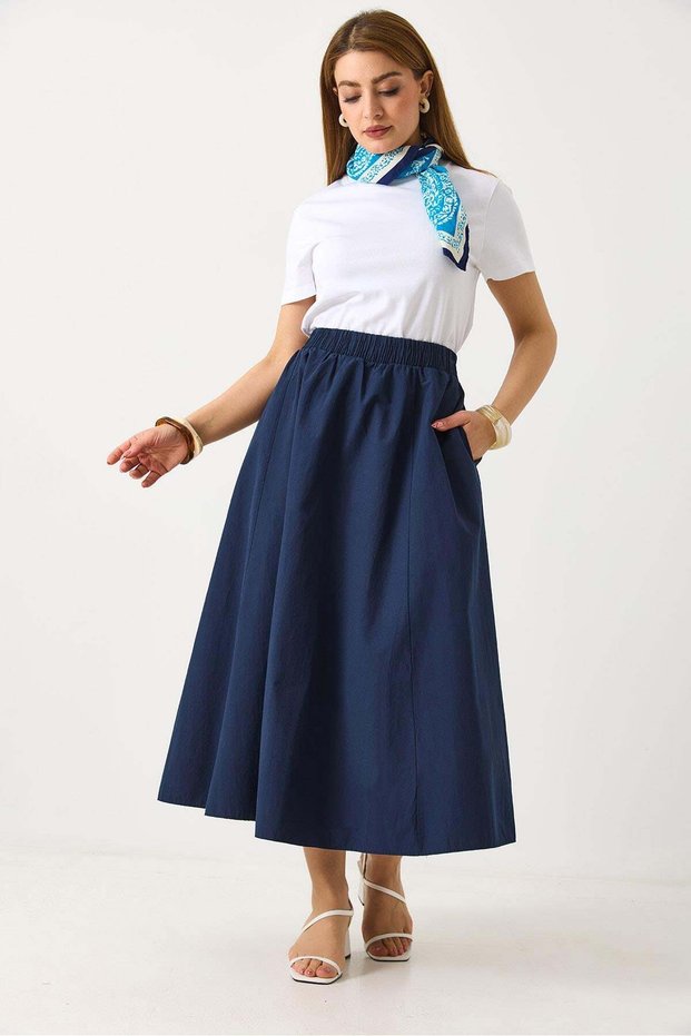 Women's Parachute Fabric Unlined Midi Skirt Navy Blue