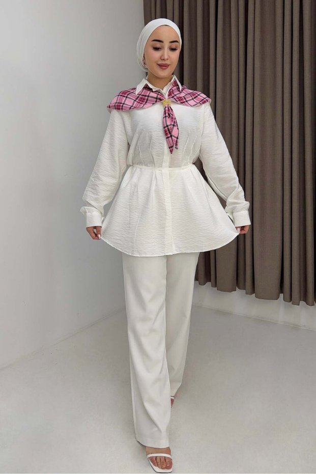 Plaid Baby Collar Scarf Detailed Waist-Tie Tunic Shirt Ecru
