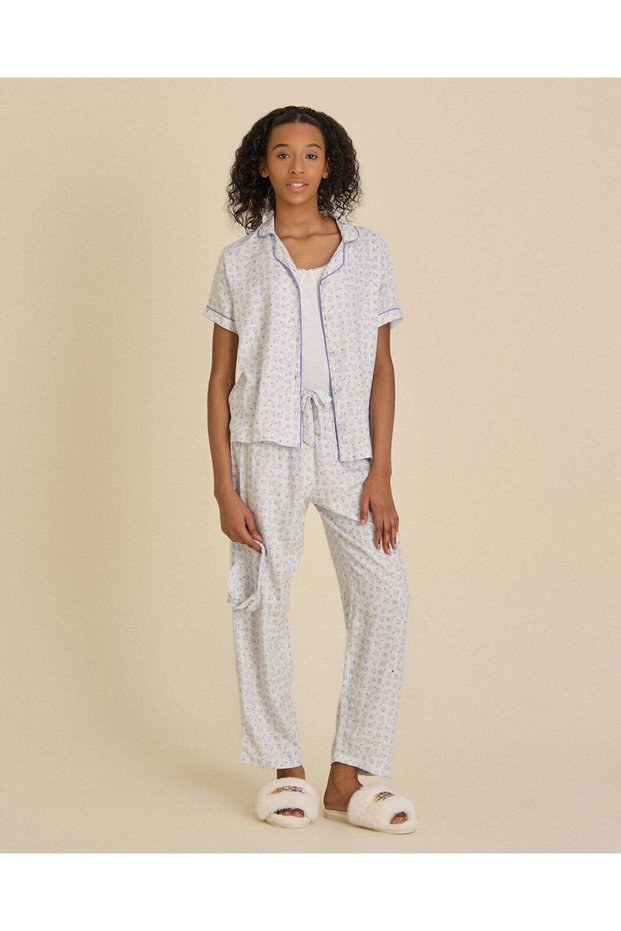 Senior Girls White And Blue Pyjama Set With Eye Mask