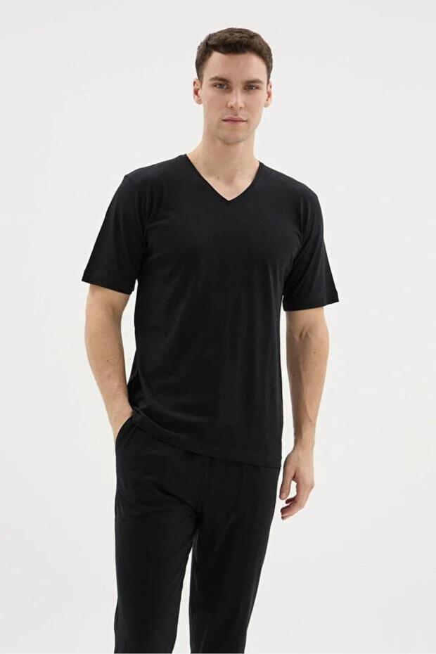 Kly 26407 Men's 100% Cotton V-Neck Half-Sleeved Plus Size Pajama Set
