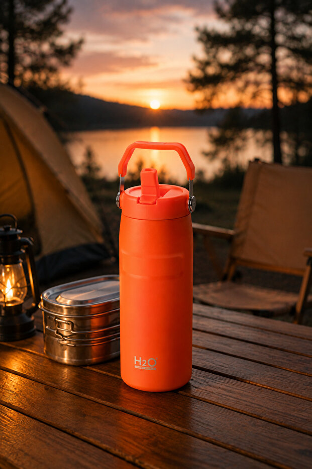 H2O 480 ml Stainless Steel Thermos Flask with Locking Straw Lid Bpa Free 6 Hours Hot & Cold Preservation