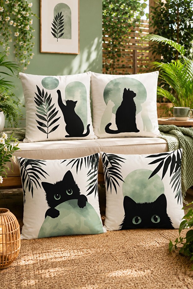 Player Cat Patterned 4-Piece Throw Pillow Cover Set