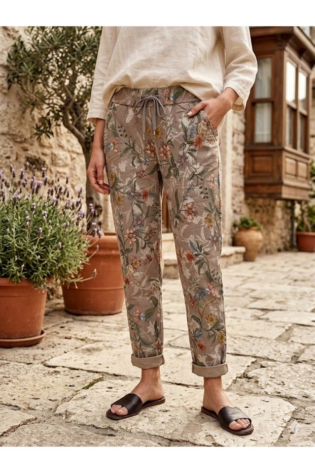 Women's Italian Mink Waist-Tie Flower Patterned Skinny Trousers
