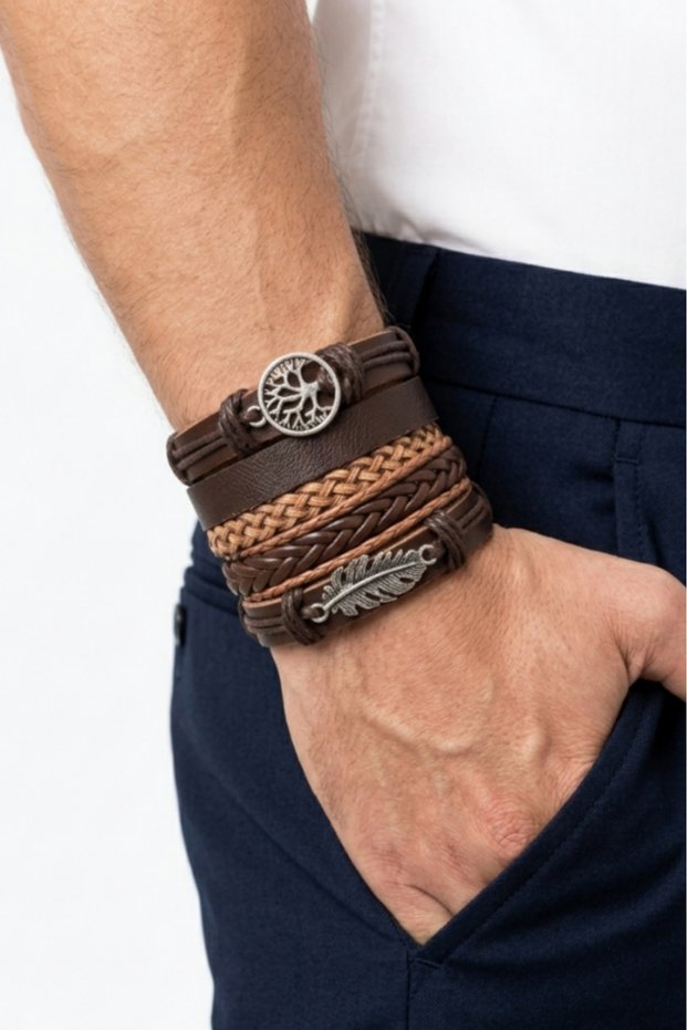 5-Piece Genuine Leather Bracelet Set with Tree of Life and Leaf Design Real Leather Bracelet Fashion Bracelet