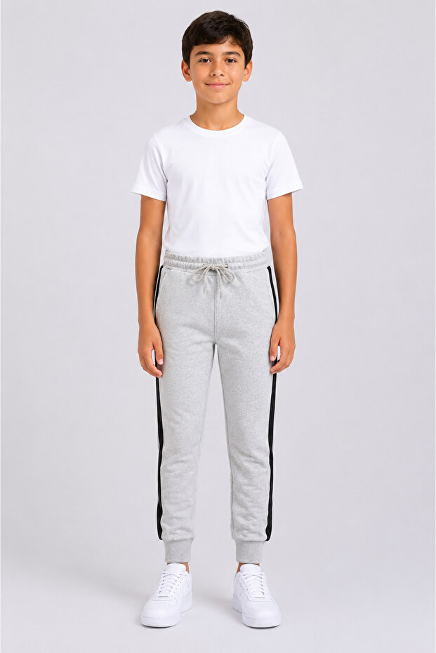 Boy's Cotton Striped Detailed Sweatpants Gray Melange-26116