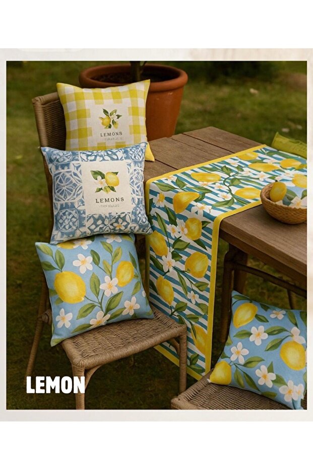 Lemon Patterned 4-Piece Throw Pillow Cover and 1 Runner Set