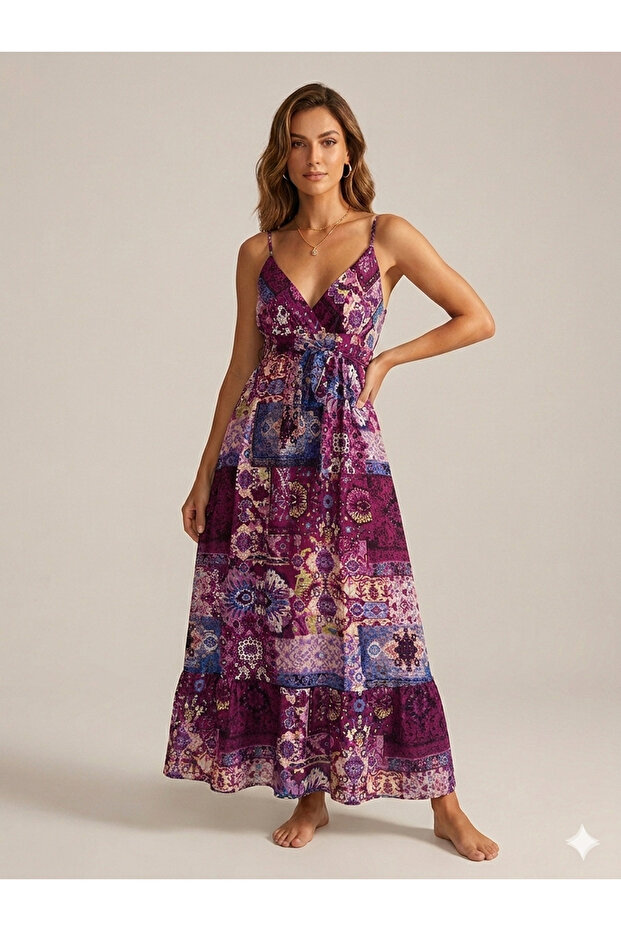 Women's Ethnic Patterned Summer Double-Breasted Strap Long Gypsy Dress 10D-2394