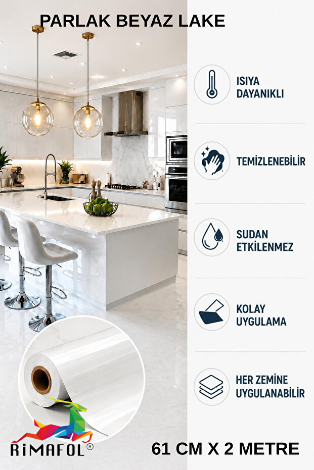 Glossy White Adhesive Kitchen Cabinet and Furniture Covering Foil 61 cm X 2 Meters