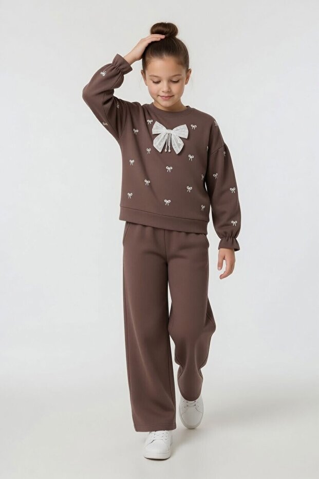 Brown Bow Detailed Elastic Waist Girls' Tracksuit Set 24542