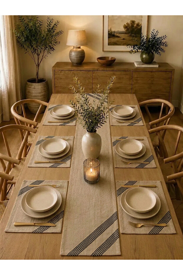 Linen Etamin Fabric with Black Embroidery, 1 Table Runner and 6 American Placemats