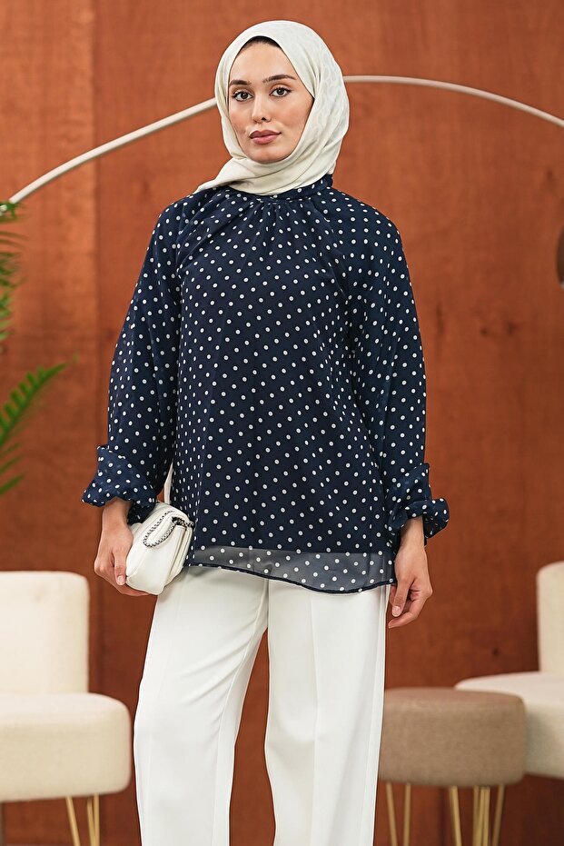 Navy Blue Polka Dot Balloon Sleeve Chiffon Blouse