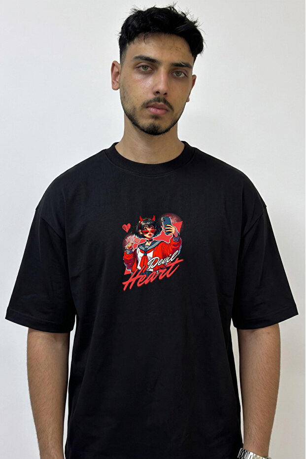 Anime Devil Girl Design Printed Oversize Black T-Shirt