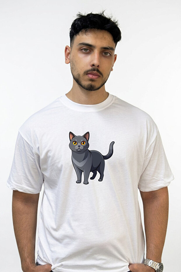 Grey Cat_1 Design Printed Oversize White T-Shirt
