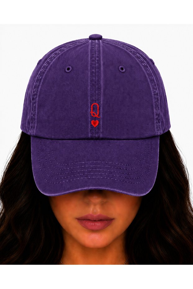 Queen of Hearts Embroidered Hat, Vintage Washed Baseball Cap (Queen of Hearts Embroidered Hat)