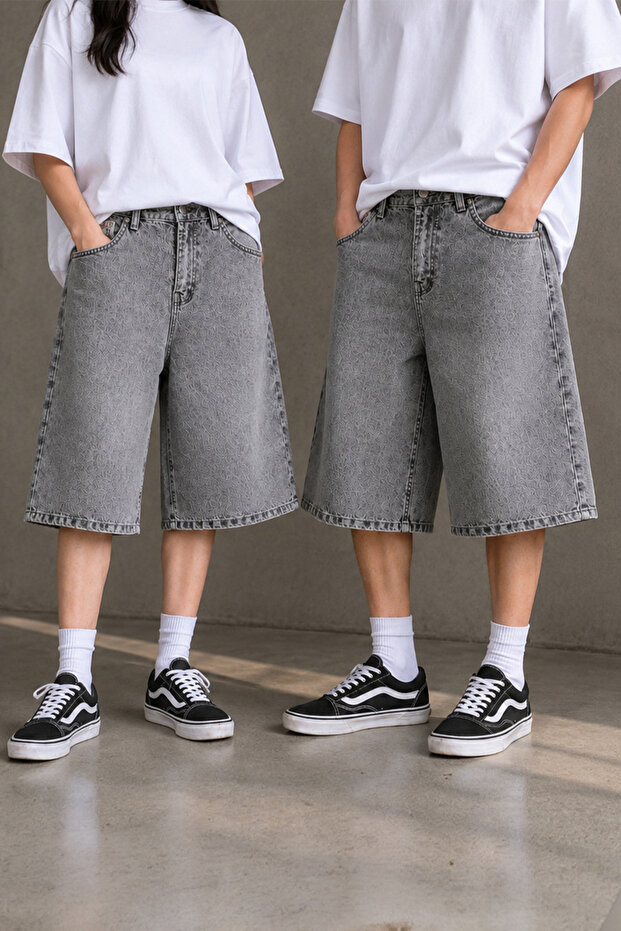 Unisex Gray Washed Oversize Denim Shorts