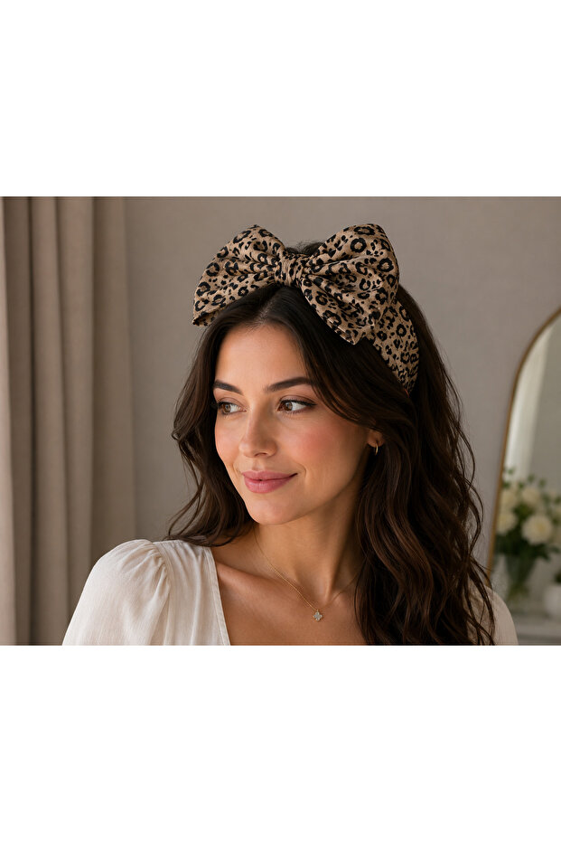 Leopard Patterned Bow Detailed Women's Hair Crown Stylish Fabric Crown with Large Bow